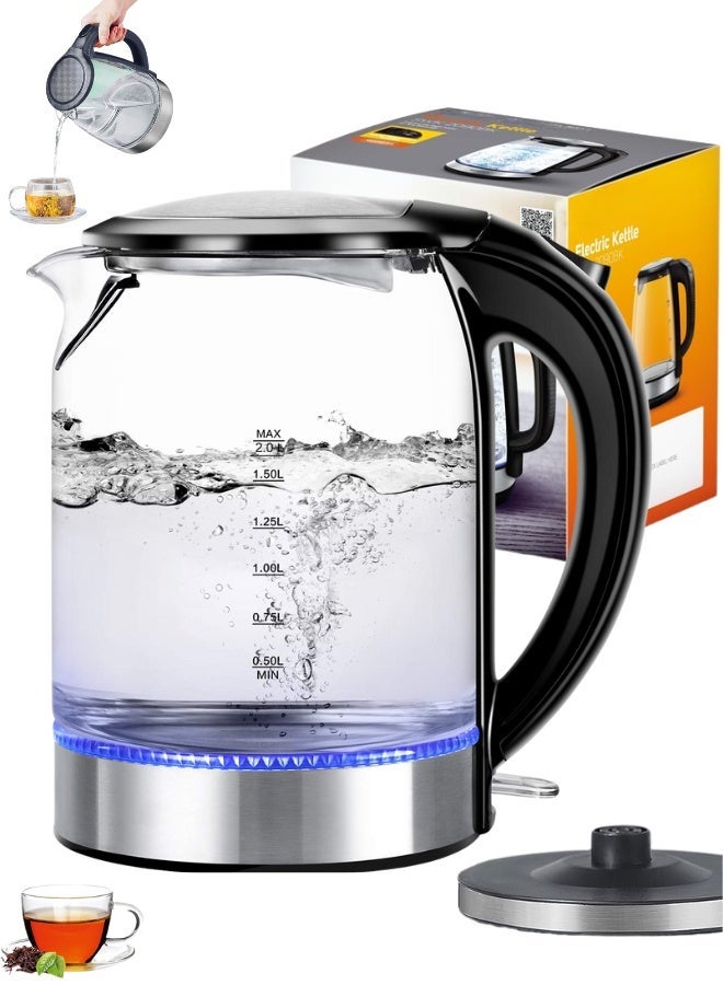 غلاية كهربائية زجاجية سعة 2 لتر مع معالج شاي 2000W واط، قاعدة دوارة 360 درجة، إيقاف تشغيل تلقائي، مؤشر LED، سلك طاقة، حماية من الغليان الجاف، لوحة تسخين مخفية، غليان سريع للاستخدام المنزلي والمكتبي - Image 1